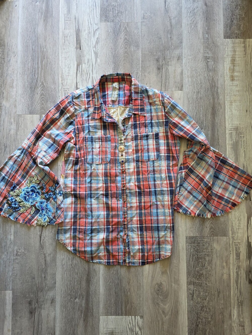 Anthropologie Aratta Silent Journey Mixed Media Bell Sleeve Plaid Shirt Size L